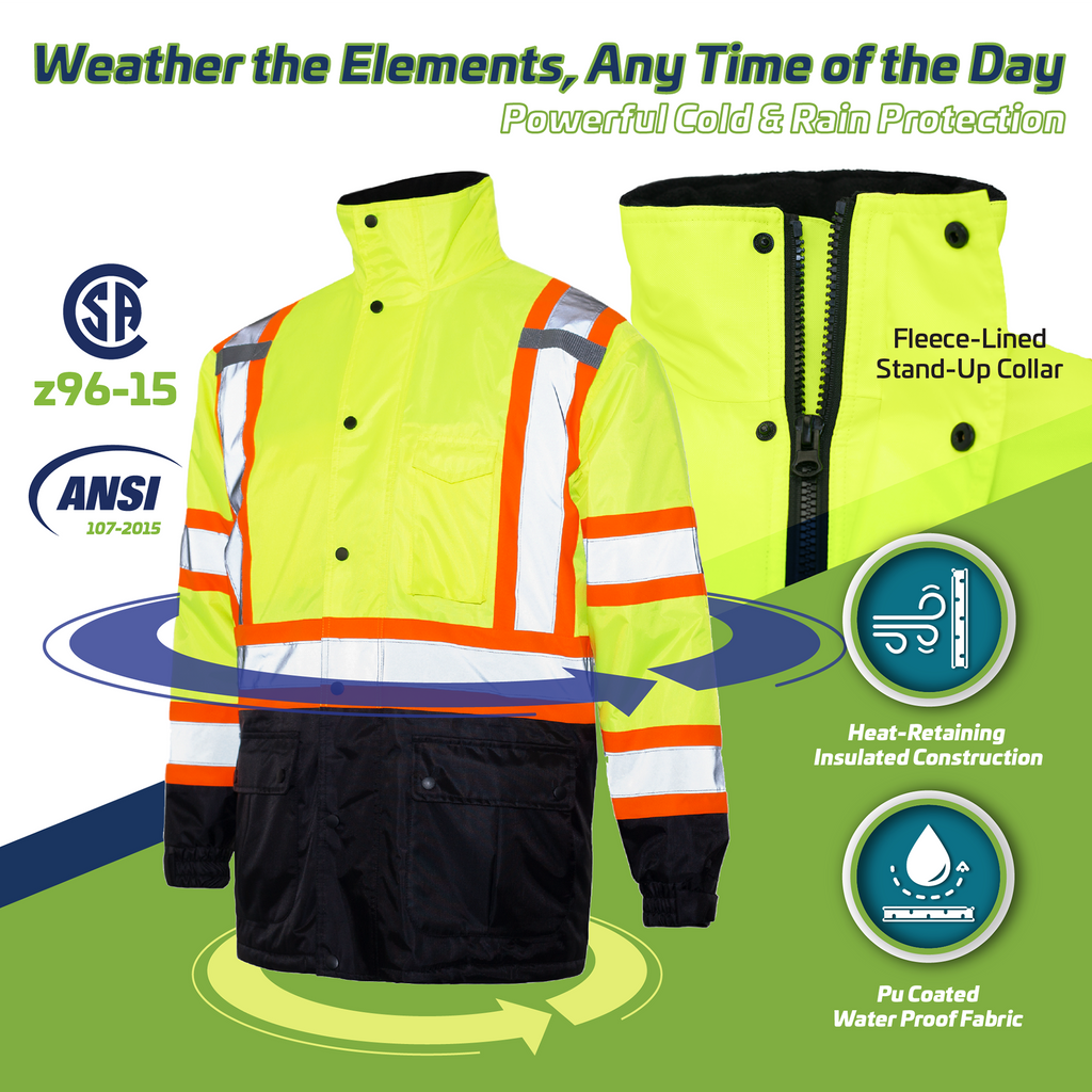 ANSI and CSA compliant Hi vis safety parka jacket color lime. Text reads: fleece lined stand collar, for powerful cold and rain protection, heat retaining insulated construction and PU coated