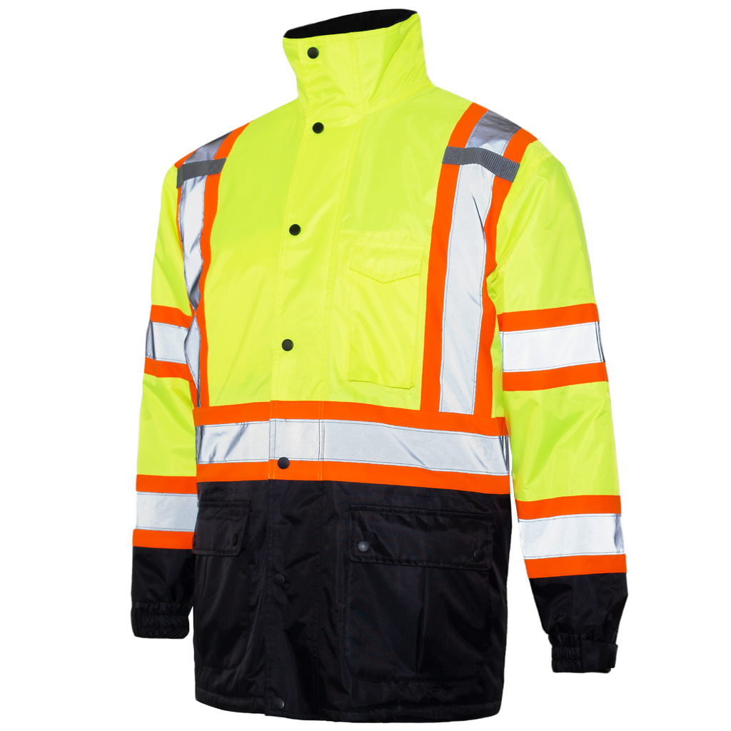 Yellow hi-vis safety parka yellow jacket with reflective stripes