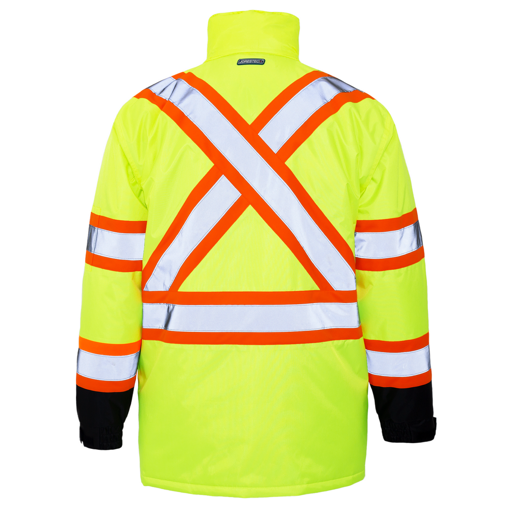 Back of the Hi vis lime safety parka jacket with reflective stripes, hoodie and X on back