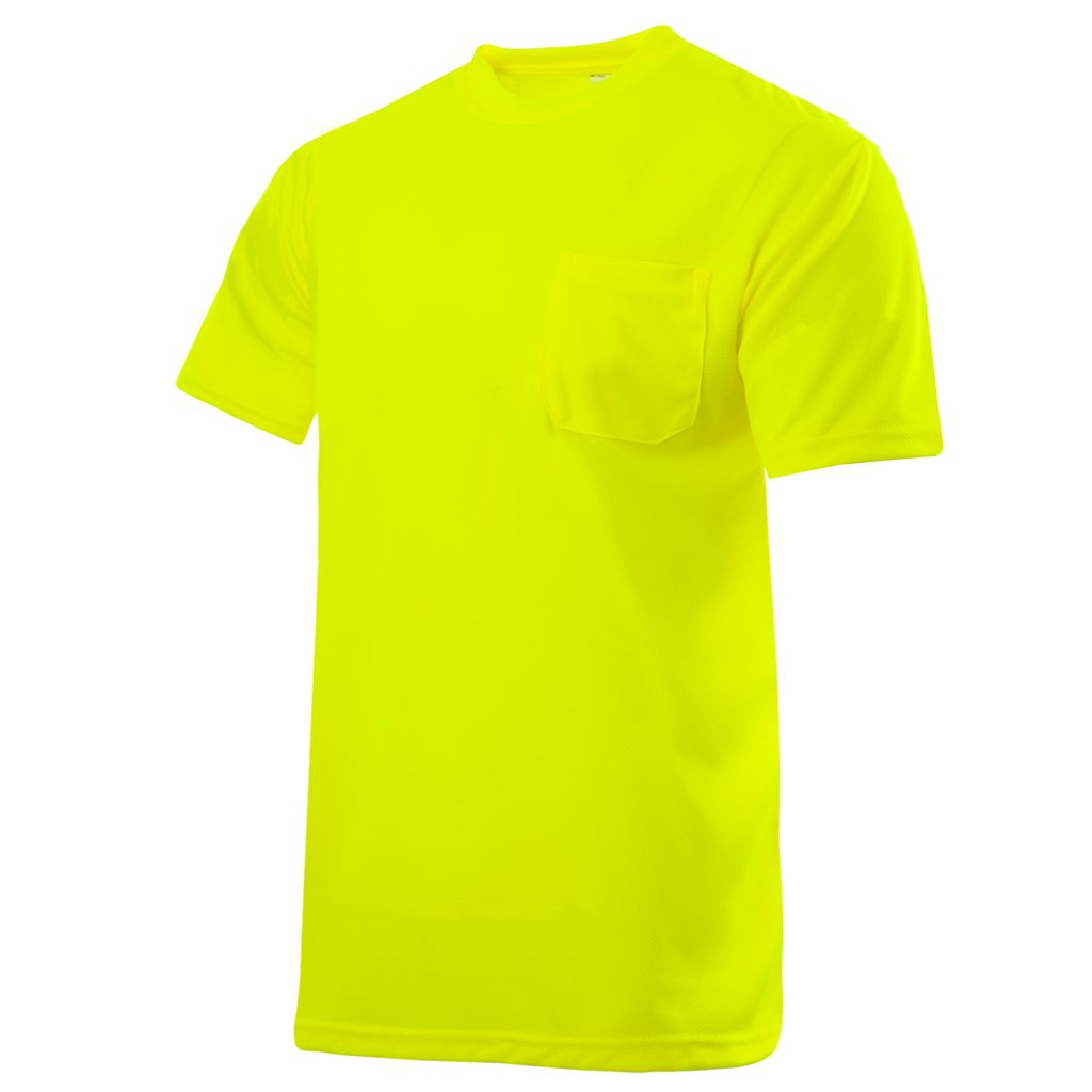 Diagonal view image of the Hi-Vis short sleeve yellow lime safety shirt with chest pocket 
