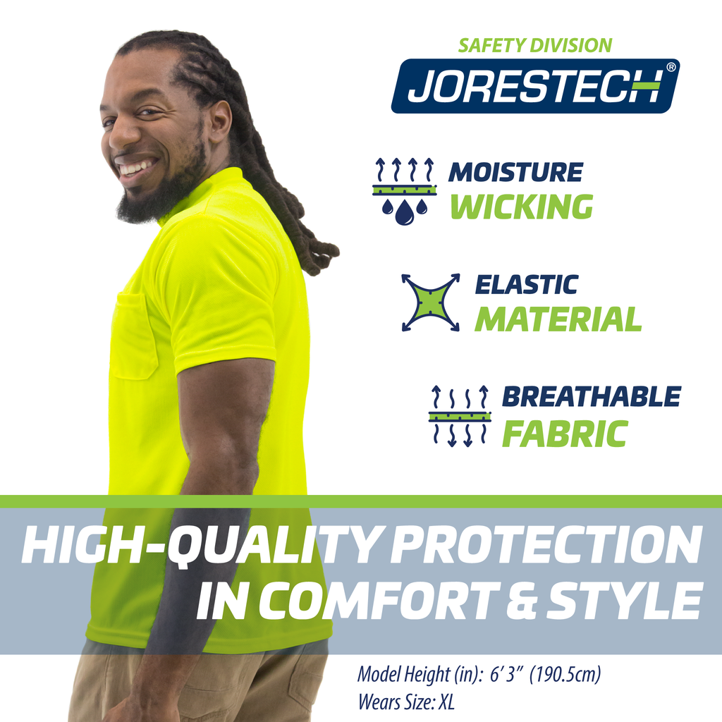 Image of a man wearing the JORESTECH hi-vis Yellow/Lime safety shirt over white background, Blue and green icons read moisture wicking, elastic material, breathable fabric, high quality protection in comfort and style.