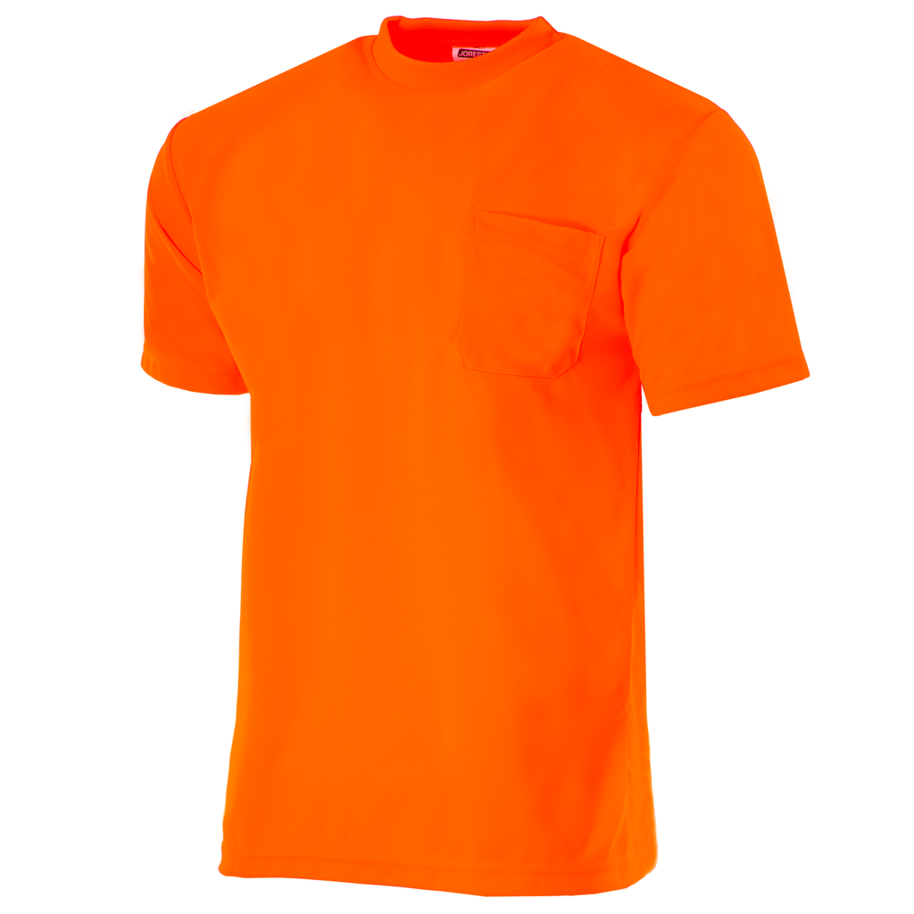 Diagonal view image of the Hi-Vis orange short sleeve safety pocket shirt over white background