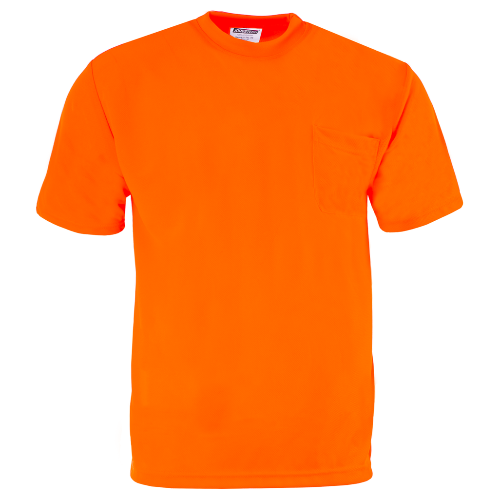 front view image of the Hi-Vis orange short sleeve safety pocket shirt over white background