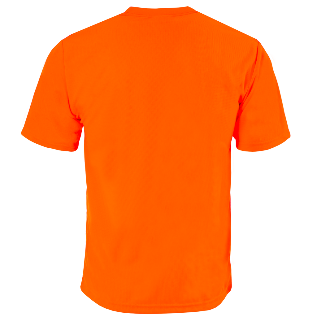 back view image of the Hi-Vis orange short sleeve safety pocket shirt over white background
