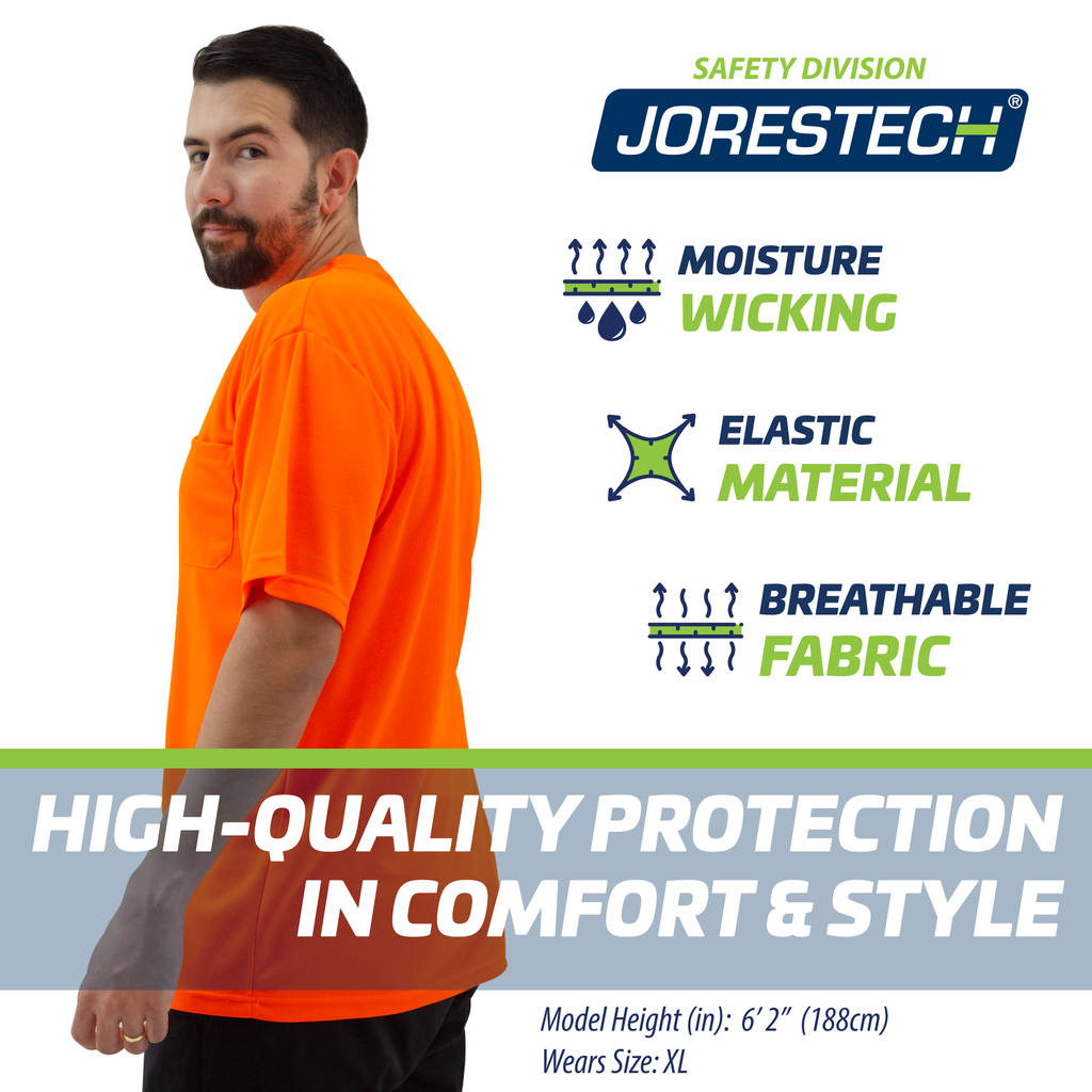 Image of a smiling man wearing the JORESTECH hi-vis orange safety shirt over white background, Blue and green icons read moisture wicking, elastic material, breathable fabric, high quality protection in comfort and style.