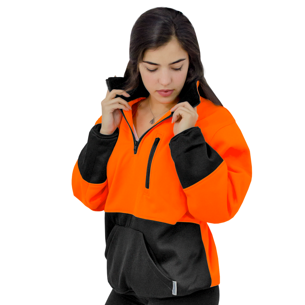 Image of a woman wearing the orange black hi-vis safety sweater while holding the fleece collar. Image is over white background