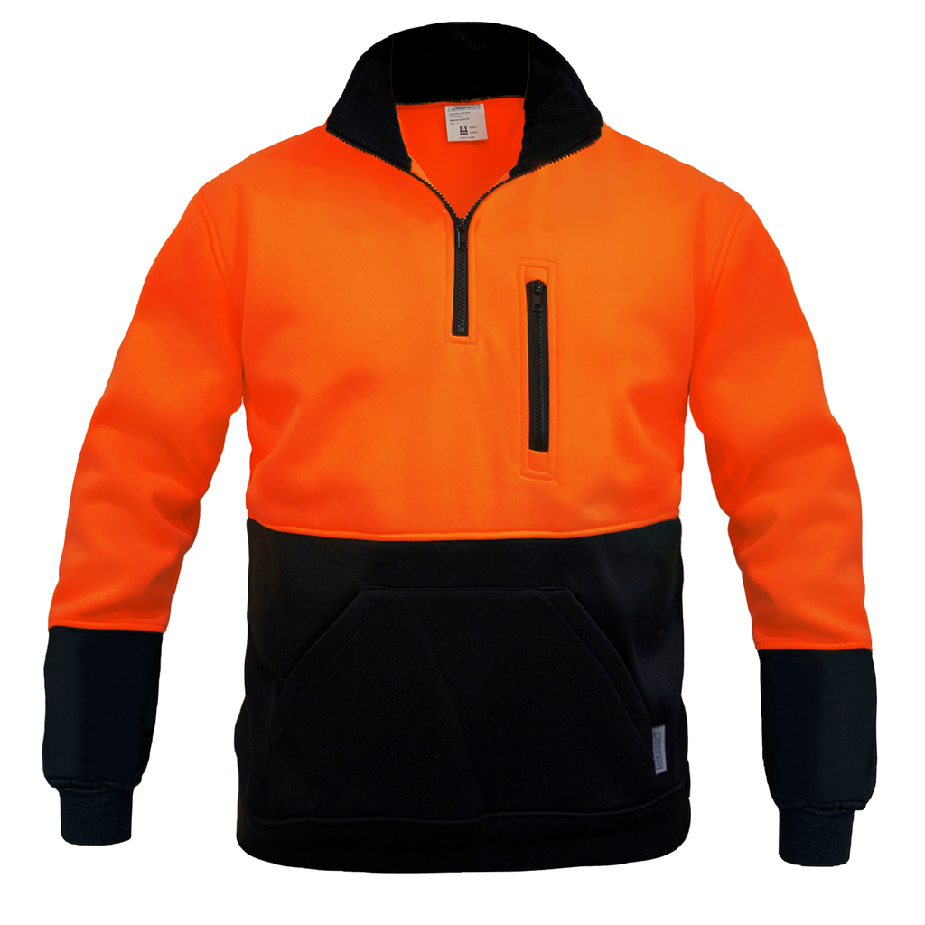 Front image of the hi-vis orange black JORESTECH sweatshirt over white background. Sweater has a black stand up collar, half a zipper and a pocket chest that closes with a back zipper.