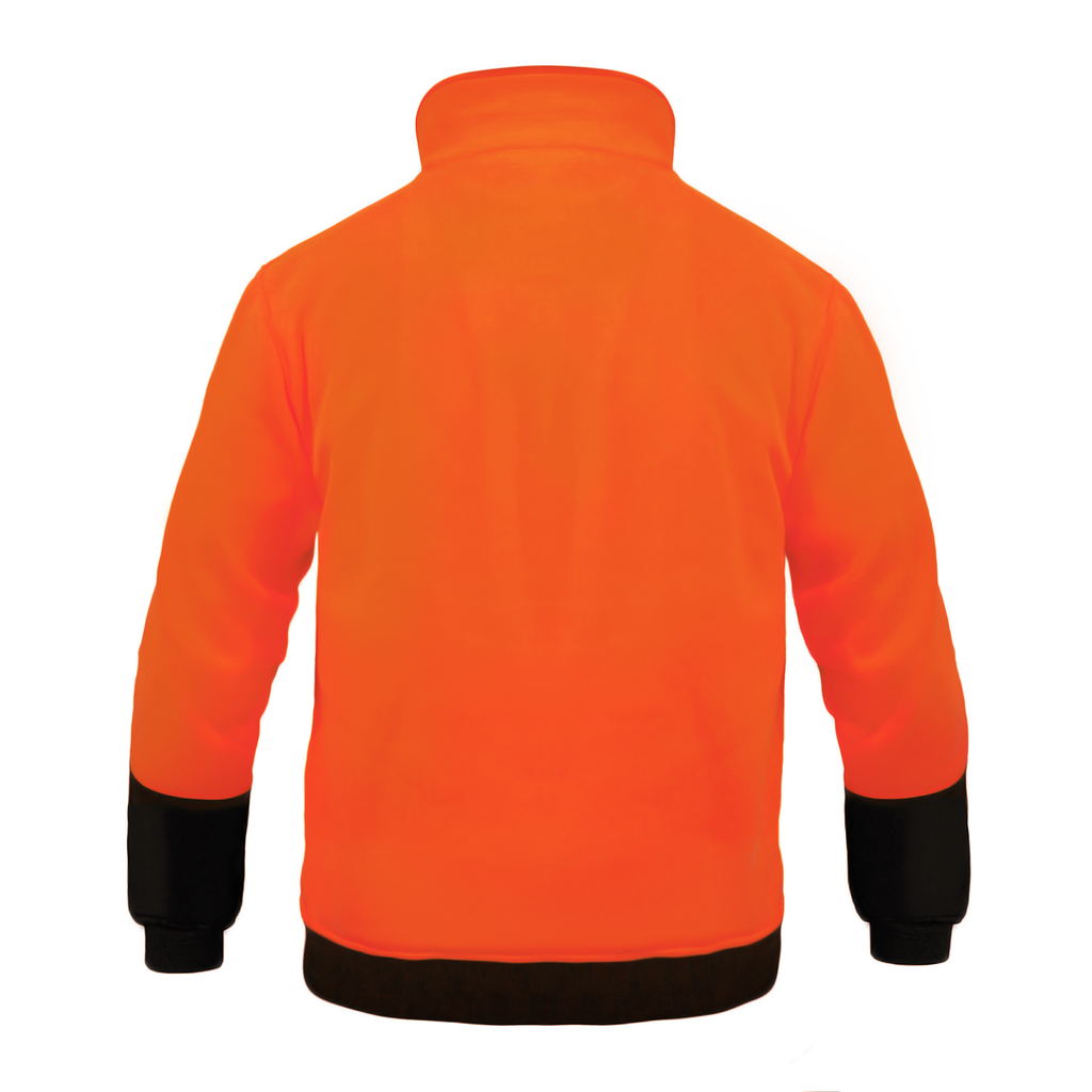 back view of the hi-vis orange black JORESTECH sweatshirt over white background. Sweater has a black stand up collar, half a zipper and a pocket chest that closes with a back zipper.
