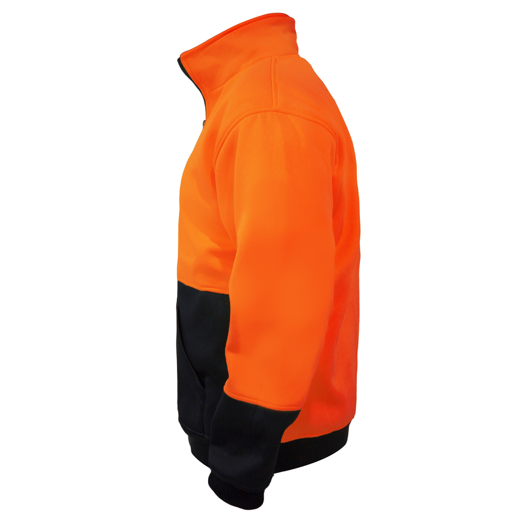 Side view of the hi-vis orange black JORESTECH sweatshirt over white background. Sweater has a black stand up collar, half a zipper and a pocket chest that closes with a back zipper.