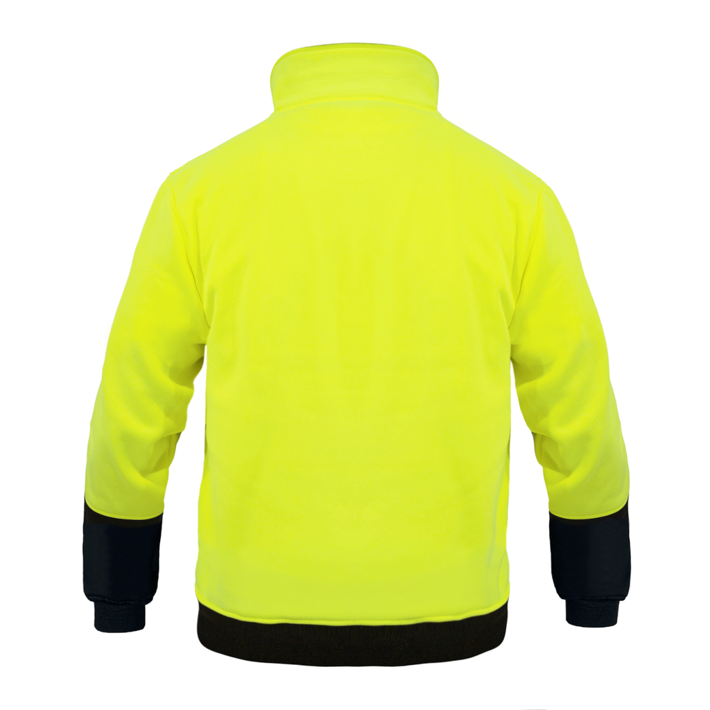 Back view of the hi-vis Yellow black JORESTECH sweatshirt and stand up collar over white background