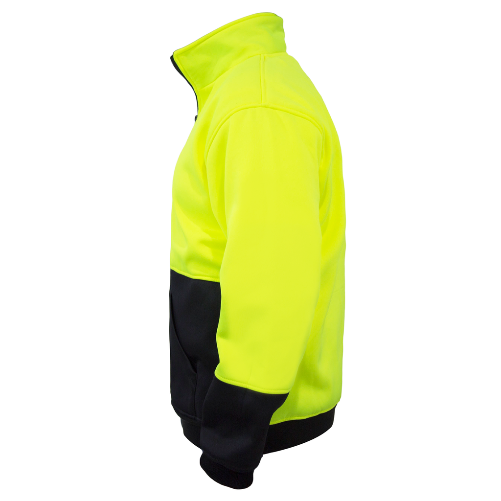 Side view of the hi-vis Yellow black JORESTECH sweatshirt over white background
