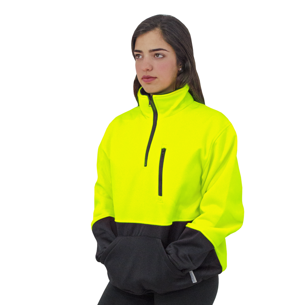 Image of a woman wearing the hi-vis Yellow Black safety sweater. She had both hands inside the front pocket, and the zipper is closed all the way making the collar stand up.