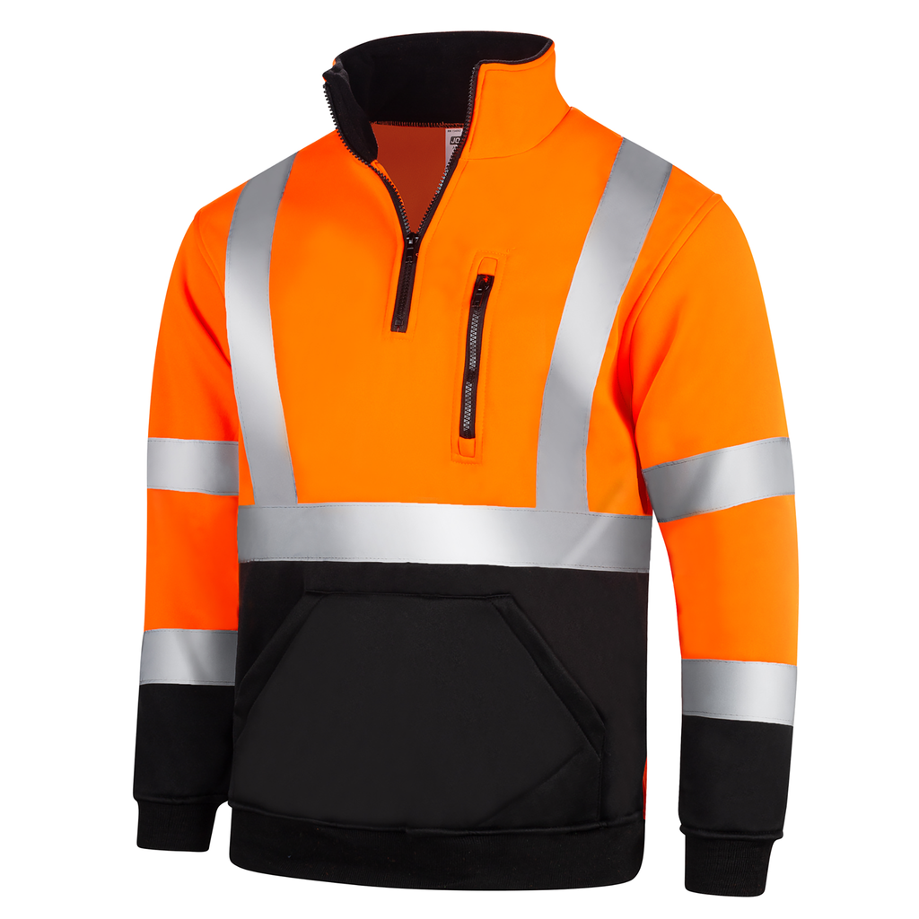 Diagonal view of the orange JORESTECH hi-vis safety sweater with reflective stripes. This sweater has half a zipper, stand collar with back fleece inner layer and a zippered chest pocket