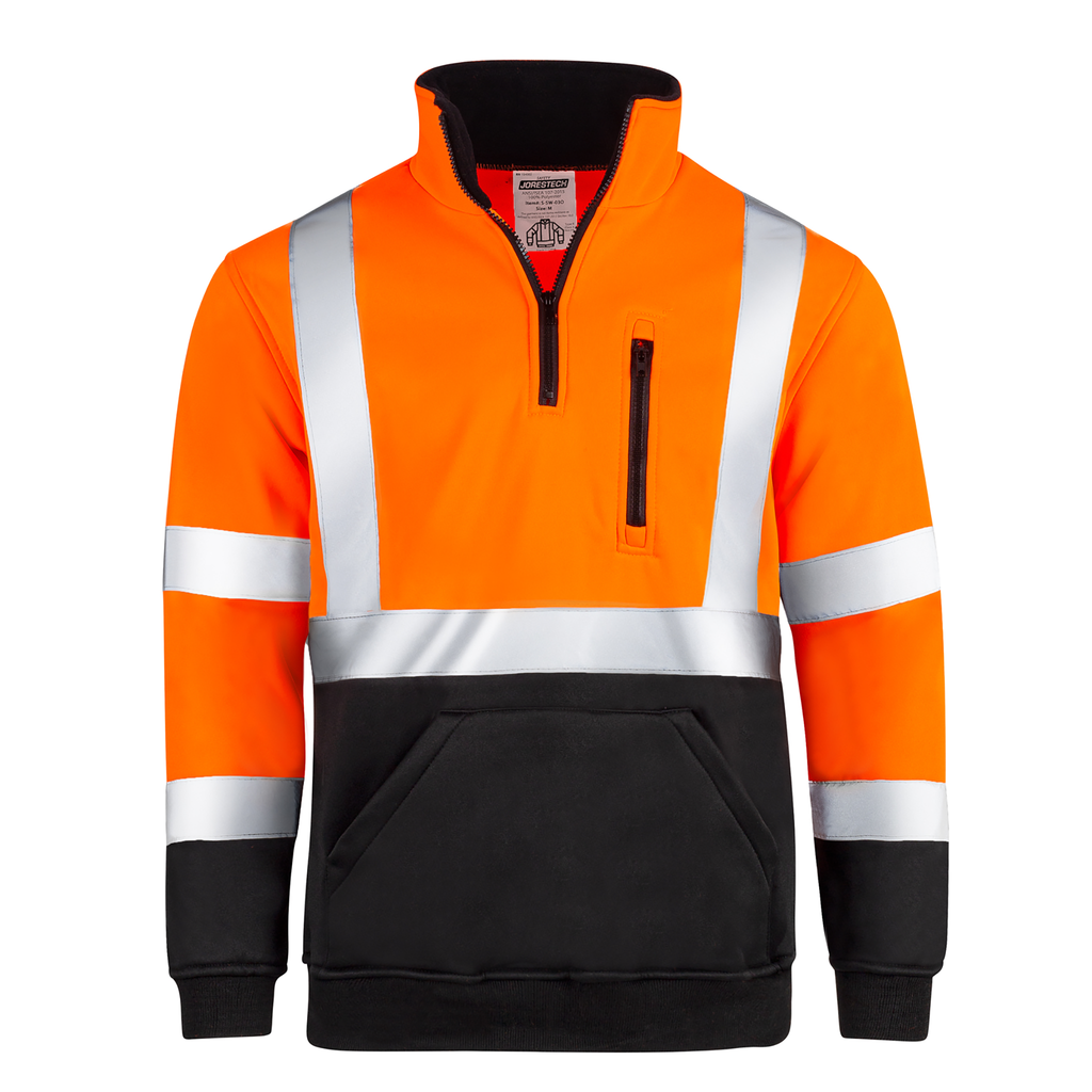 Front view of the orange JORESTECH hi-vis safety sweater with 2" reflective stripes. This sweater has half a zipper, stand up collar with back fleece inner layer, a zippered chest pocket and a large waist pocket for both hands. Image is positioned over white background.