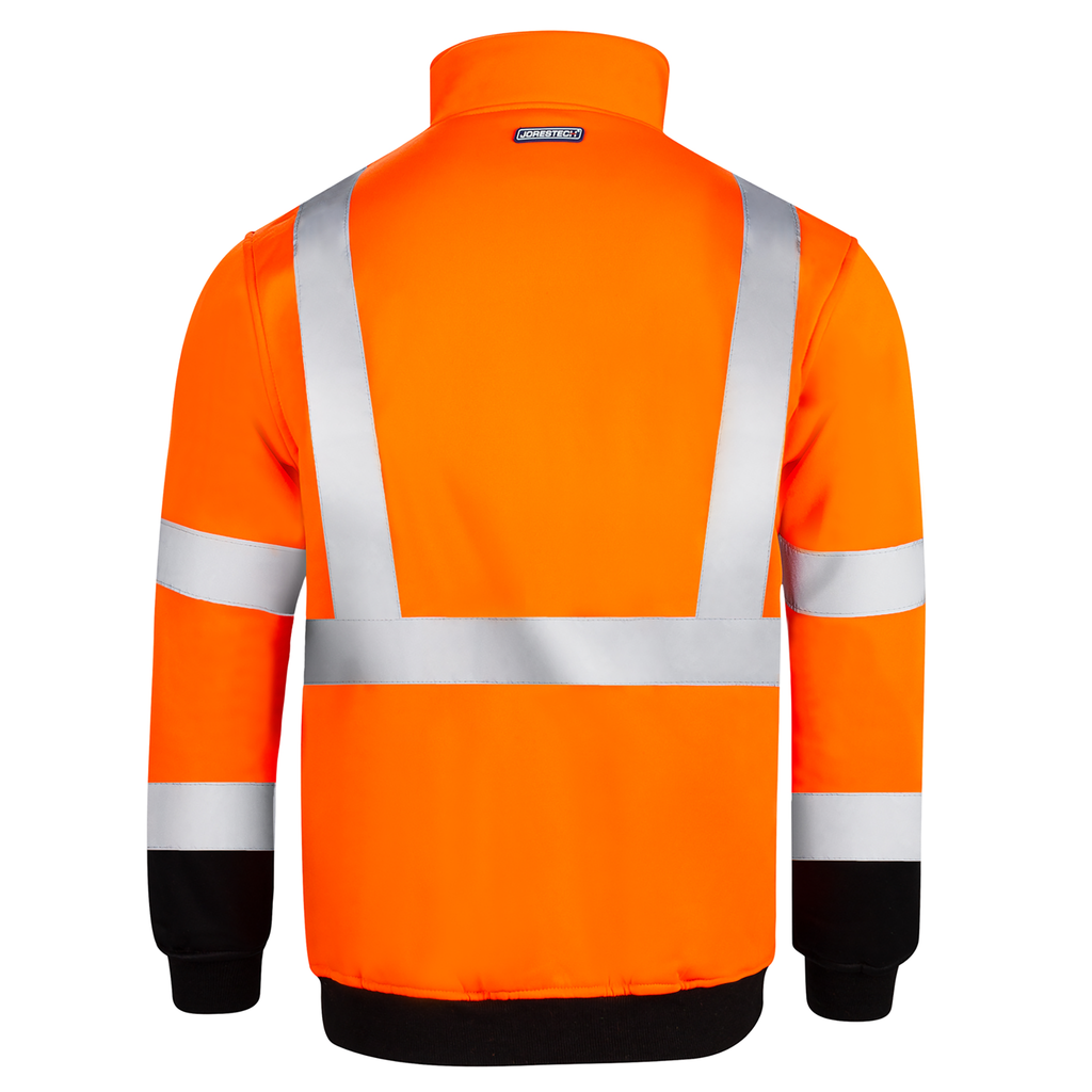 Back view of the orange JORESTECH hi-vis safety sweater with 2" reflective stripes. This sweater has half a zipper, stand up collar with back fleece inner layer, a zippered chest pocket and a large waist pocket for both hands. Image is positioned over white background.