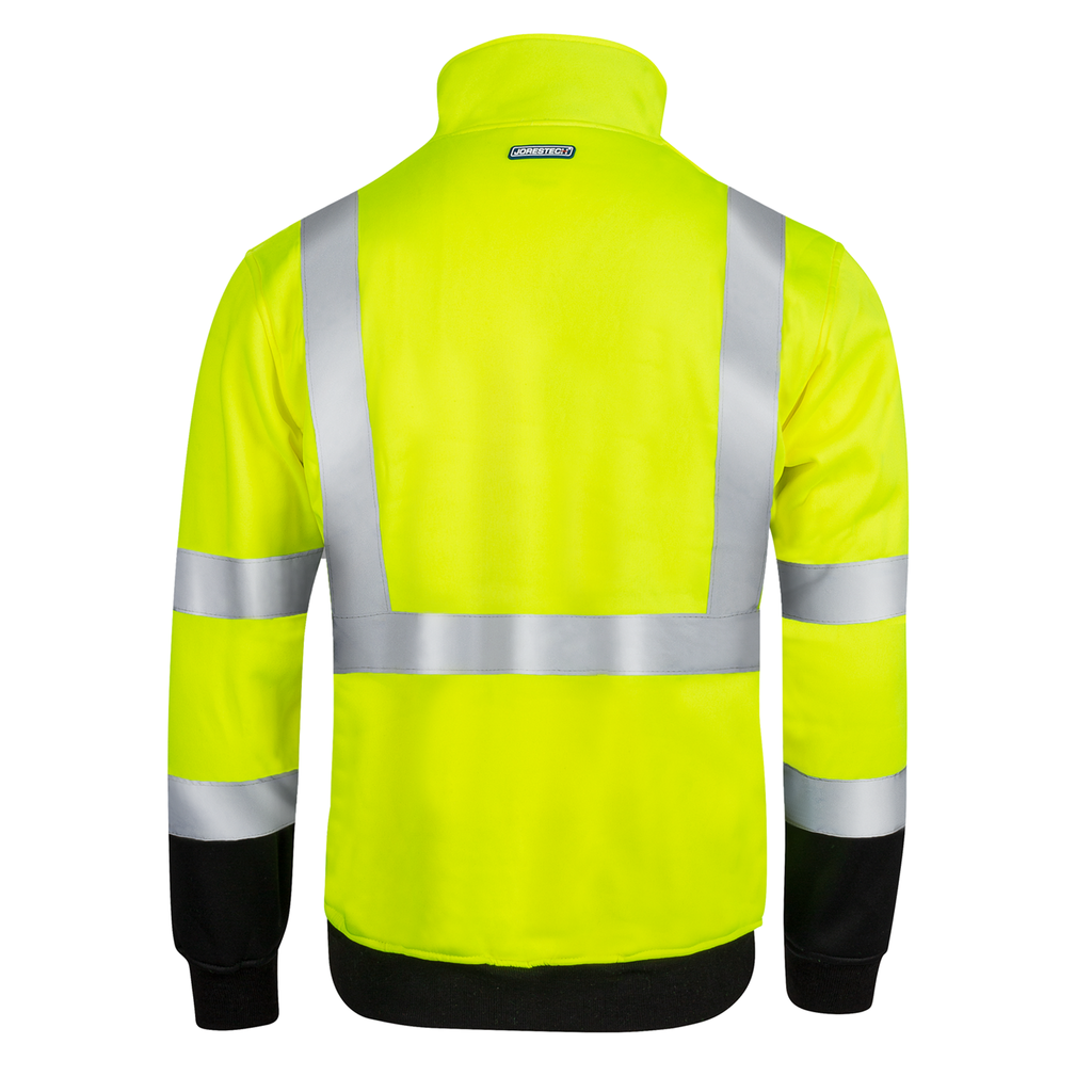 Back view of the yellow JORESTECH hi-vis safety sweater with 2" reflective stripes. This sweater has half a zipper, stand up collar with back fleece inner layer, a zippered chest pocket and a large waist pocket for both hands. Image is positioned over white background.