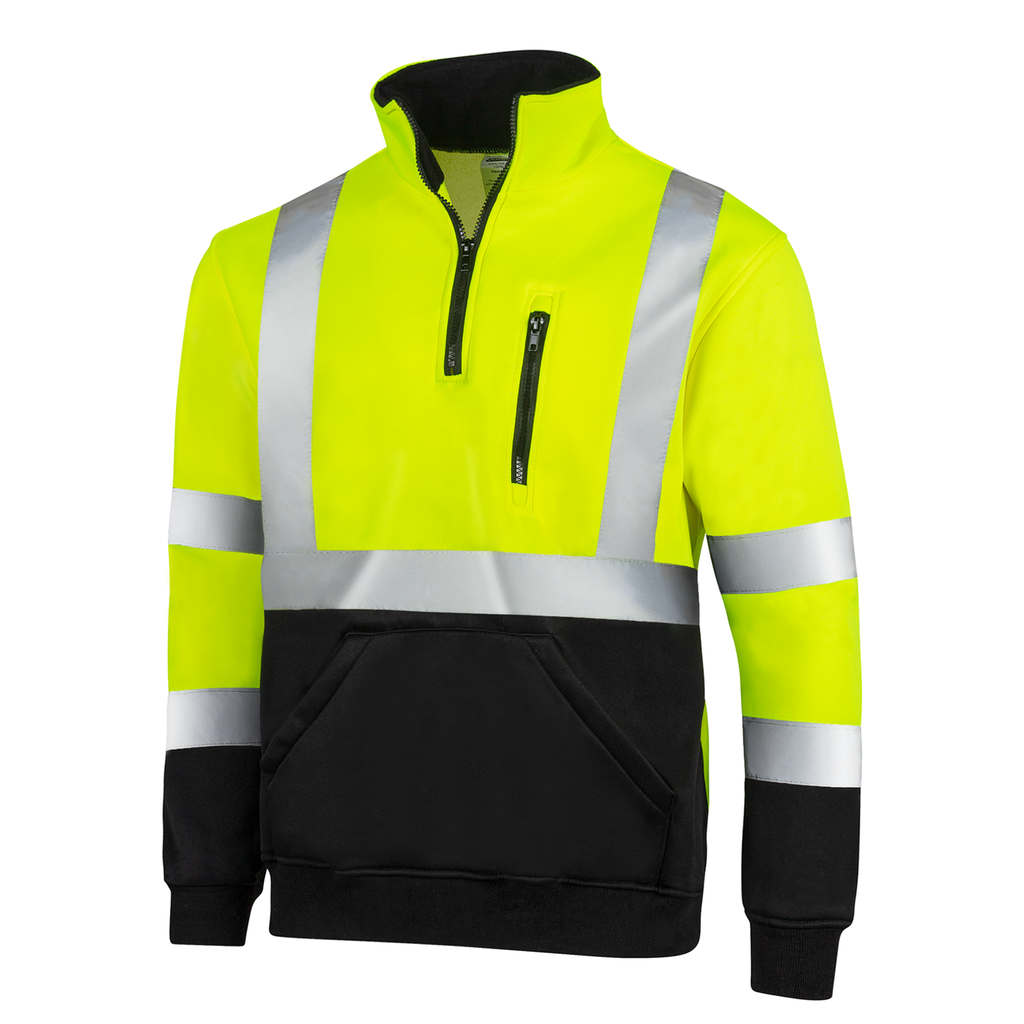 Diagonal view of the yellow JORESTECH hi-vis safety sweater with 2" reflective stripes. This sweater has half a zipper, stand up collar with back fleece inner layer, a zippered chest pocket and a large waist pocket for both hands. Image is positioned over white background.