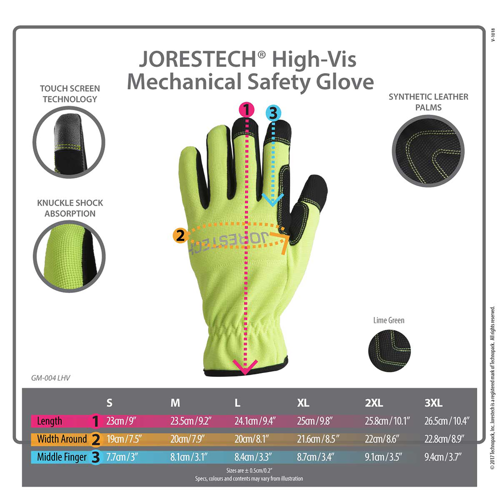 Size chart of the hi visibility touchscreen safety work gloves 