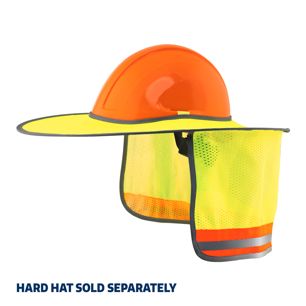 Image of a Vi Vis two tone hard hat JORESTECH sun shield installed on a round orange full brim hard hat. Text reads: Hard hat sold separately