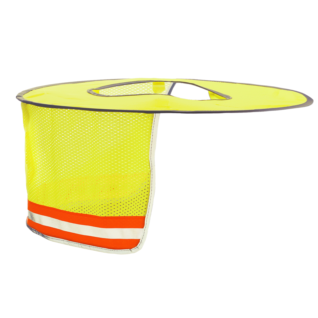 Image of a round Hi-vis two tone lime and orange JORESTECH hard hat sun shield
