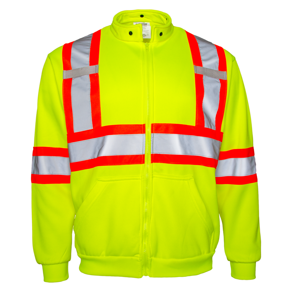 Front view of the yellow JORESTECH hi-vis sweater with reflective stripes and contrasting orange stripes over white background. This sweater has a large pocket to kkep hadas warm, has a detachable hoodie, radio tabs and X on the back