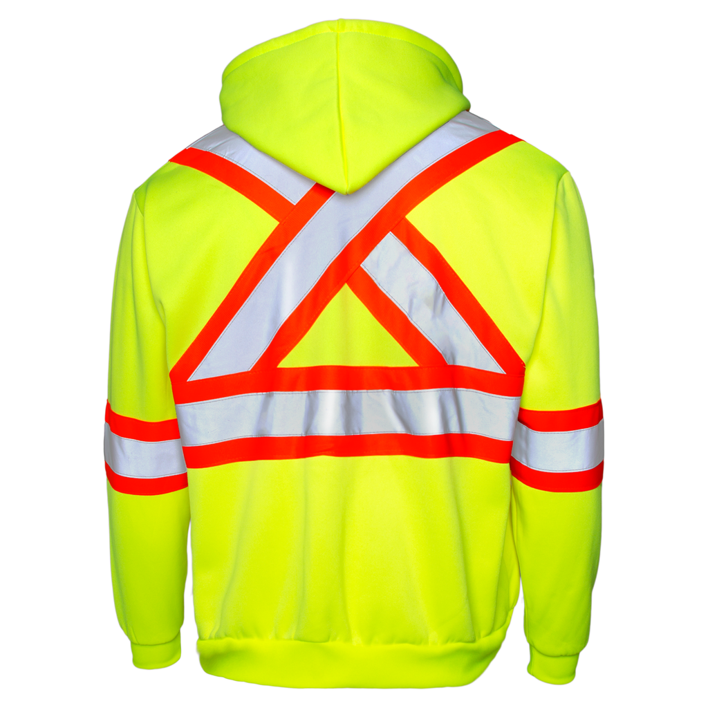 Back view of the yellow JORESTECH hi-vis sweater with reflective and orange contracting stripes. This jacket has a X on the back.
