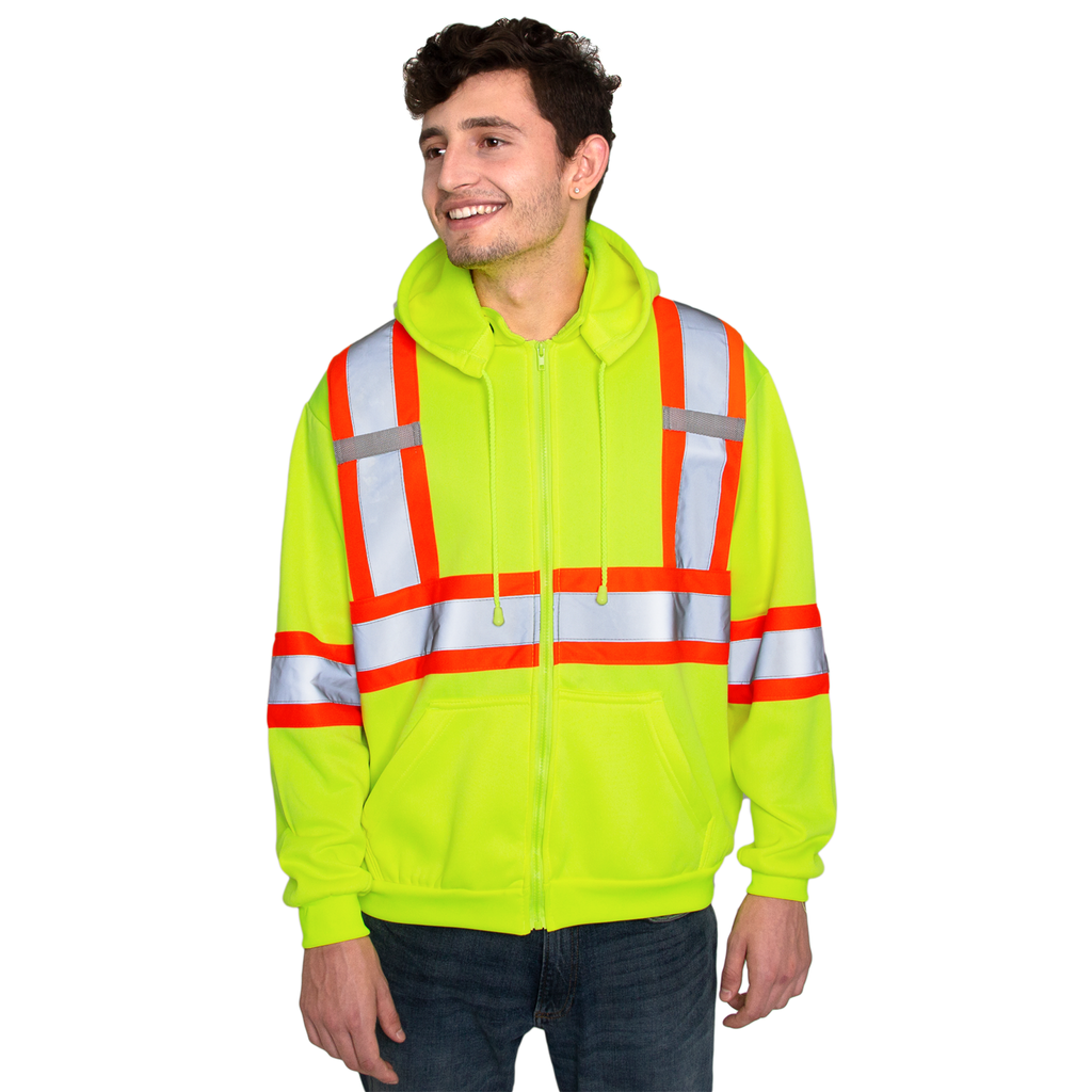 Image of  man who is smiling and wearing the yellow JORESTECH hi-vis sweater with reflective and orange contracting stripes.