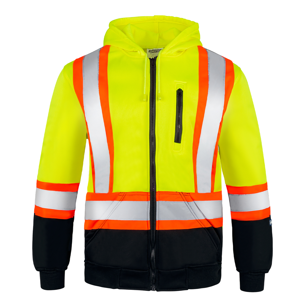 Front view of the JORESTECH hi-vis tow tone yellow black safety hooded sweater with reflective stripes over white background