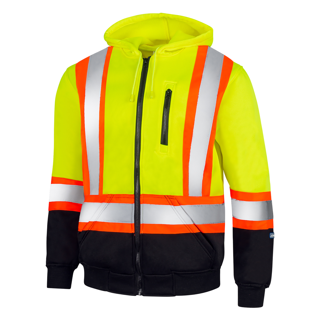 Diagonal view of the JORESTECH hi-vis tow tone yellow black safety hooded sweater with reflective stripes over white background