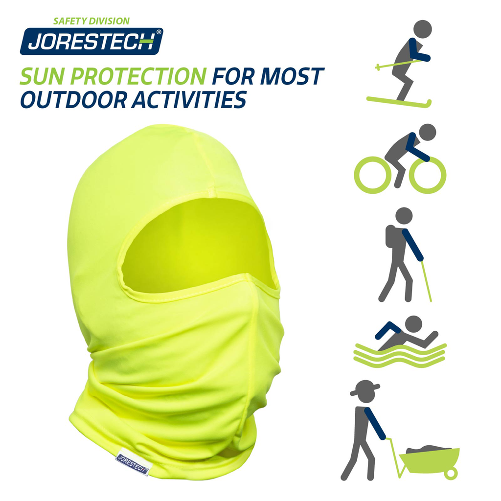 Image shows one balaclava and several icons of outdoor activities like biking, skiing, highking, swimming, construction under the sun. Banner reads: Sun protection for most outdoor activities. JORESTECH® Safety Division