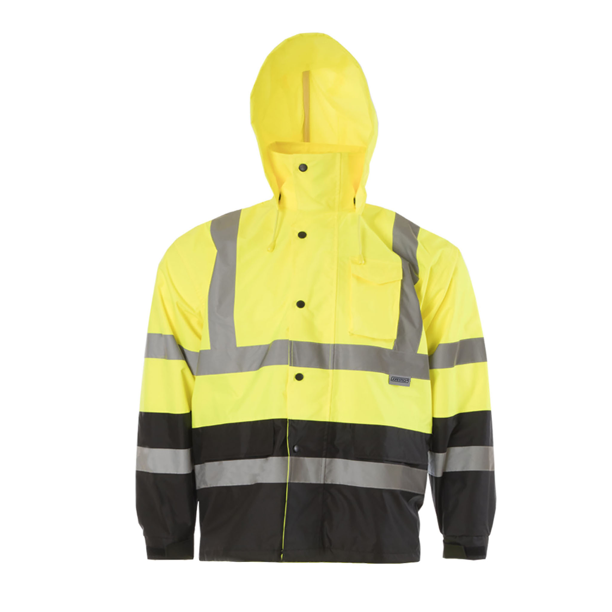 High Visibility Yellow Black Raincoat with Hideaway Hood ANSI Class 3 JORESTECH