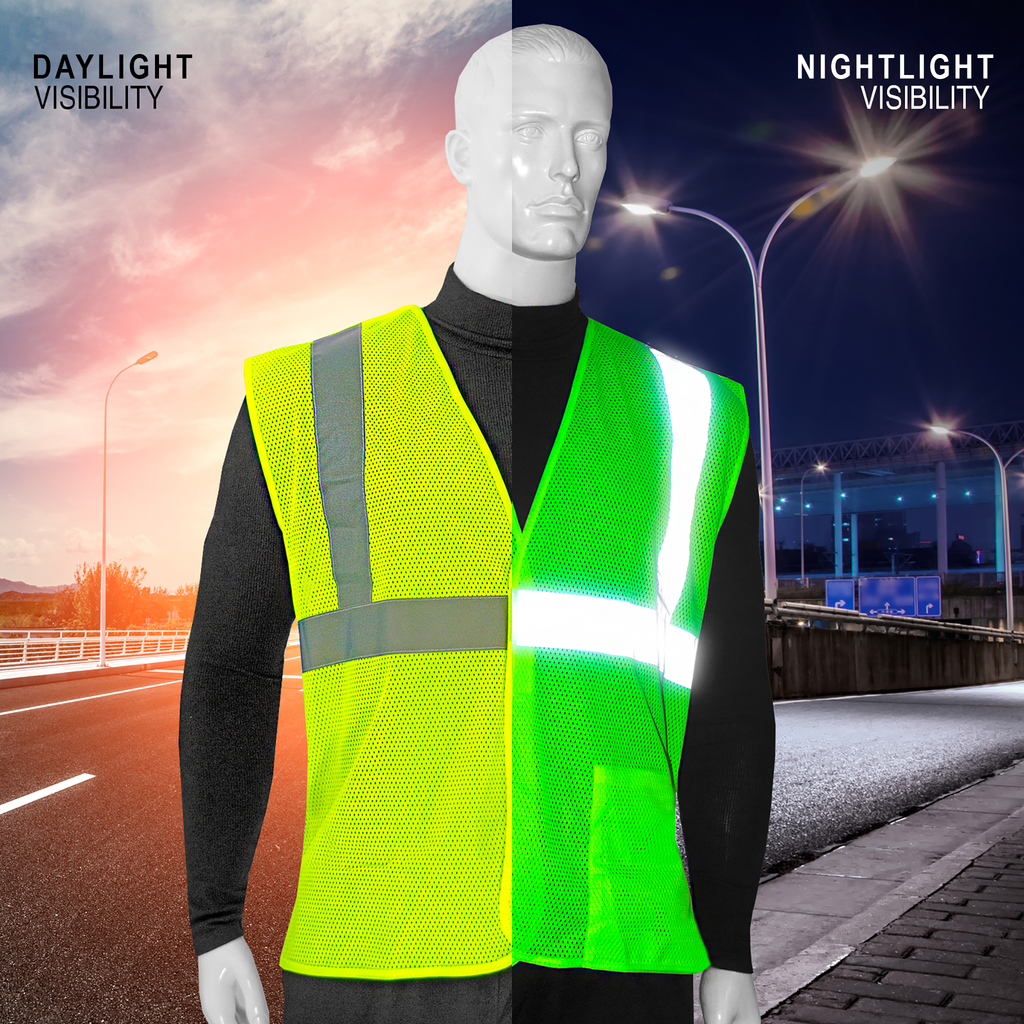 Mannequin wearing a lime tearaway reflective safety vest and it compares how bright it looks during day and night time