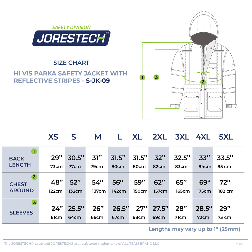 Size chart of the hi vis parka jacket with reflective stripes for winter