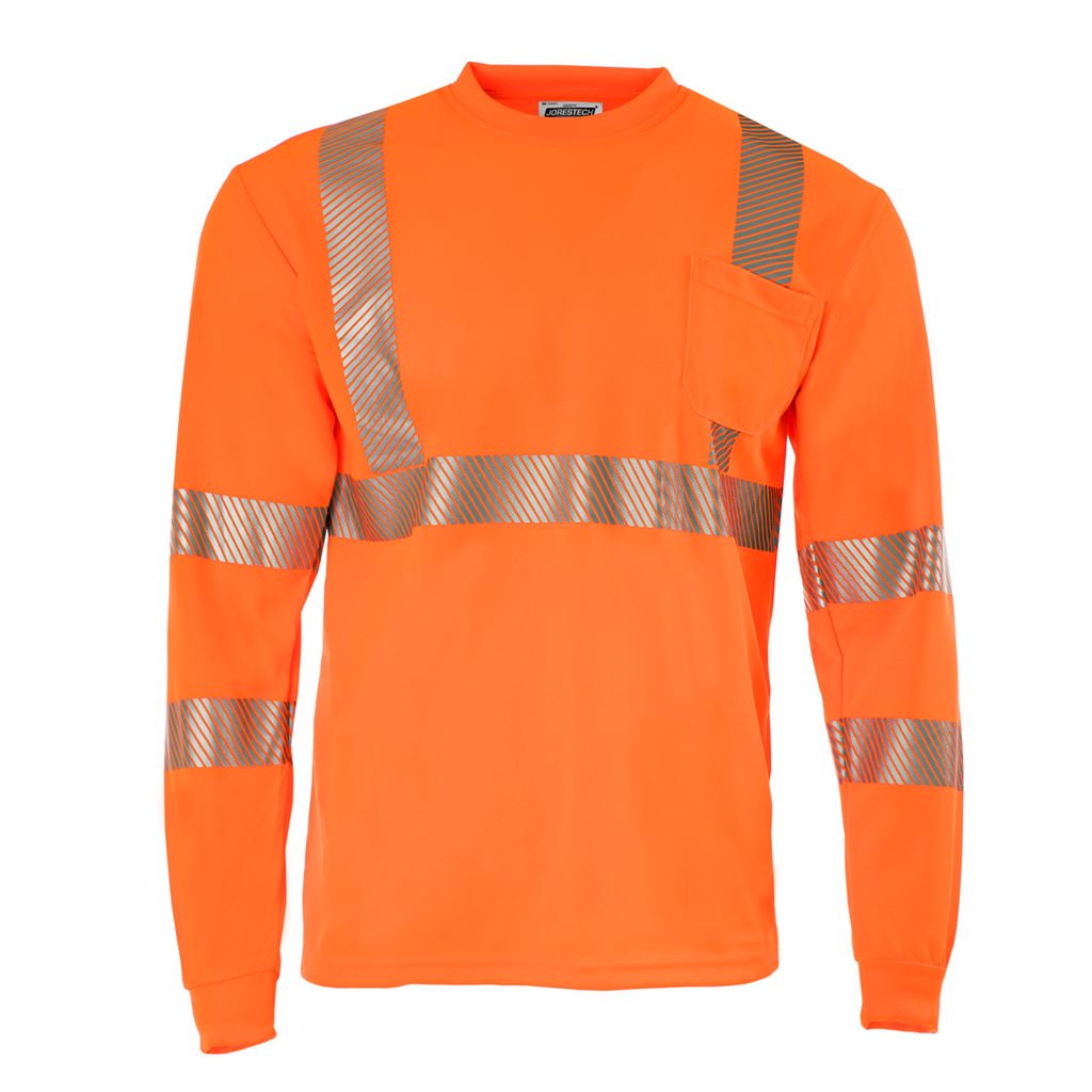 Front view of the JORESTECH Hi-Vis orange heat transfer reflective long sleeve safety pocket breathable shirt