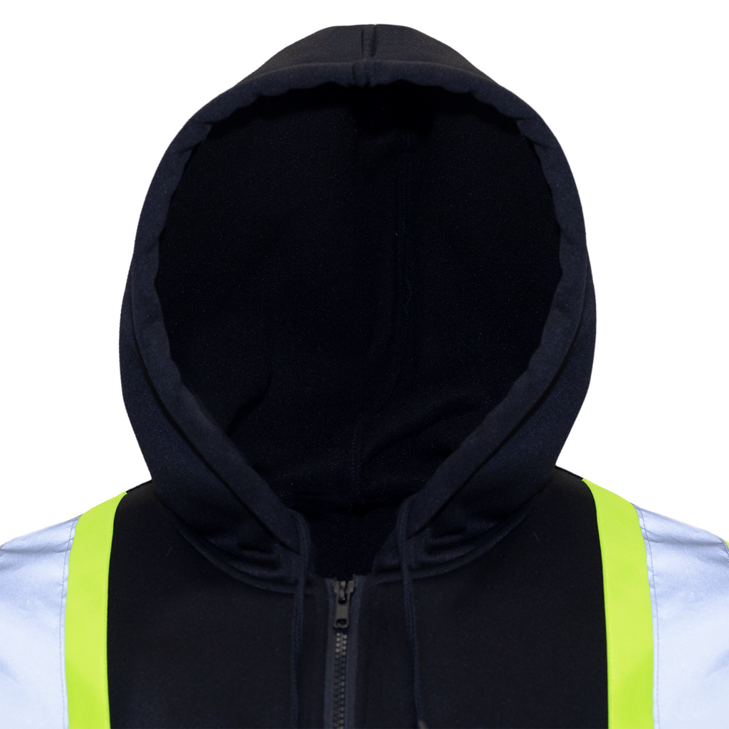 Close up to show the adjustable hoodie of the JORESTECH safety sweater with reflective stripes over white background