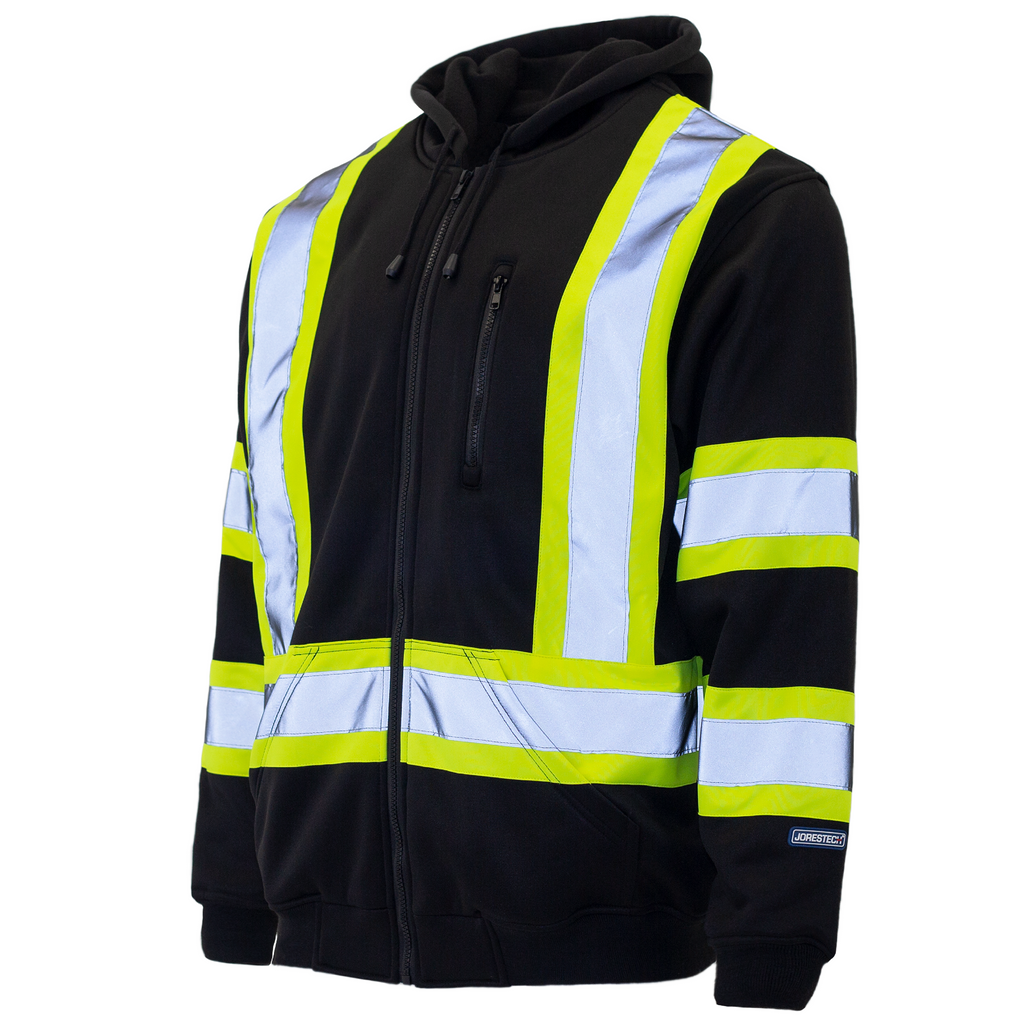 Diagonal view of the JORESTECH hi-vis safety hooded black and yellow sweatshirt with reflective stripes over white background