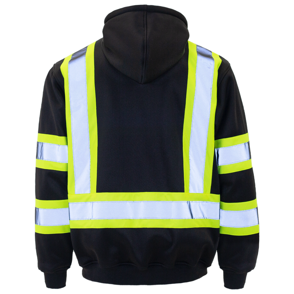 Back view of the JORESTECH hi-vis safety hooded black and yellow sweatshirt with reflective stripes over white background