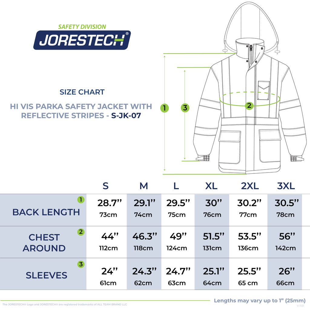 Size chart of the hi vis safety jacket with hoddie and reflective stripes