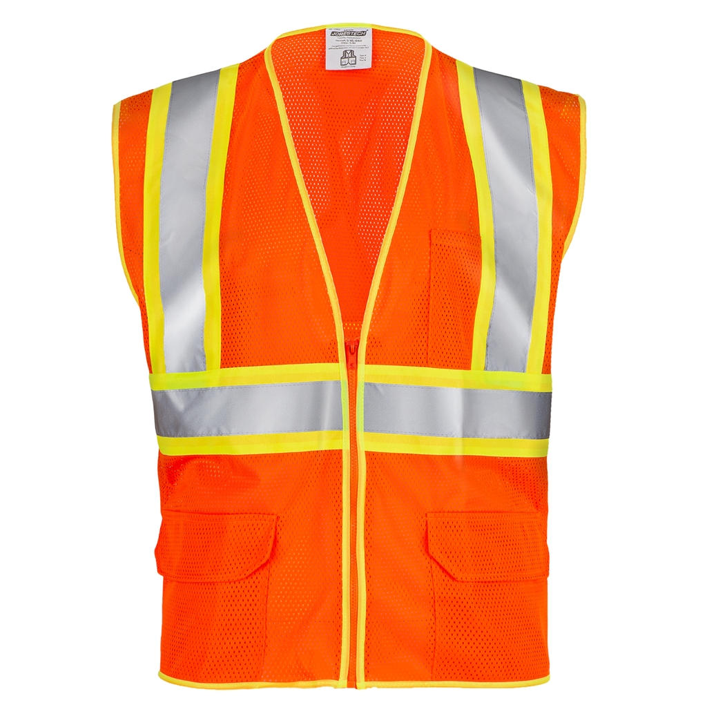 Front view of the hi vis two toned orange mesh safety vest with 2 inches reflective strips and pockets over white background