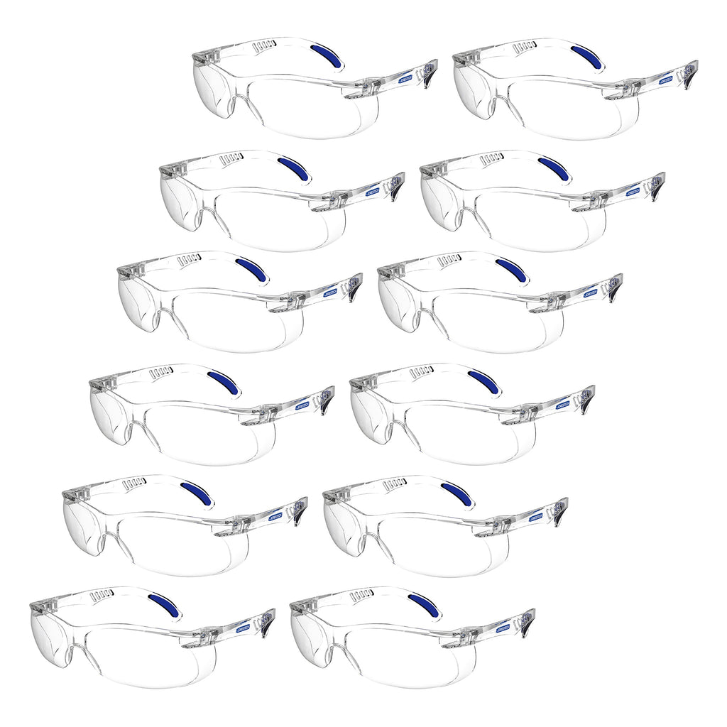 Diagonal view of 12 clear JORESTECH panoramic safety glass for high impact protection.  Temples of this ANSI compliant glasses have details in blue. 