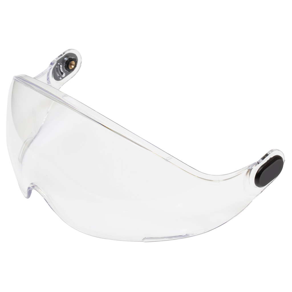 Diagonal view of the clear retractable JORESTECH eye shield for hard hats