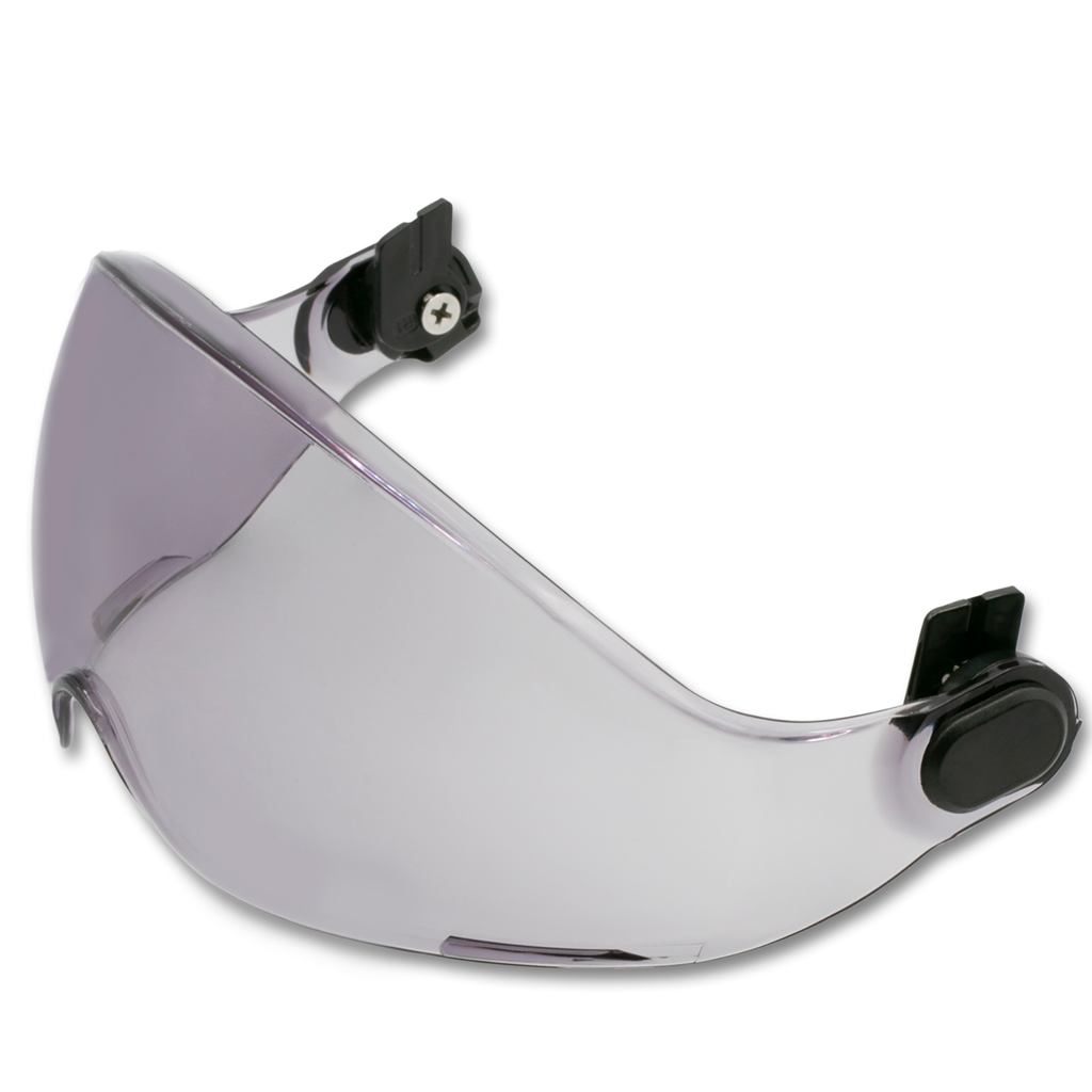 Diagonal view of the smoke retractable JORESTECH eye shield for hard hats