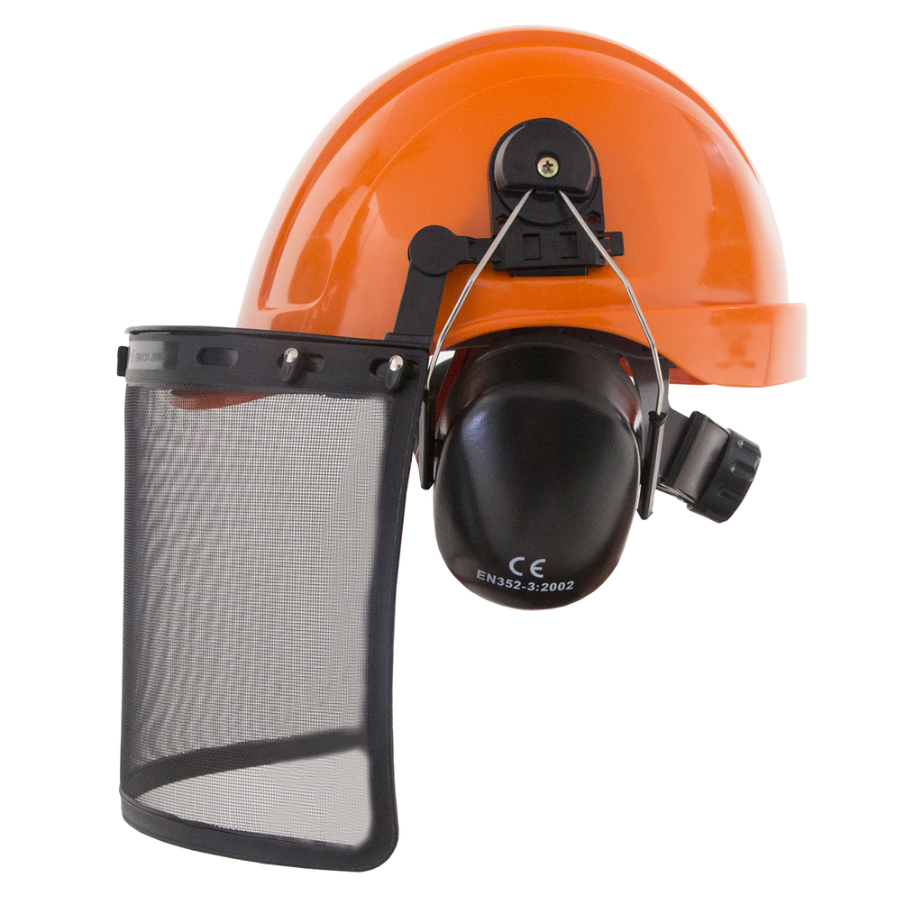 Side view of the orange cap style safety hard hat with 4 point suspension and face mesh cover over white background.