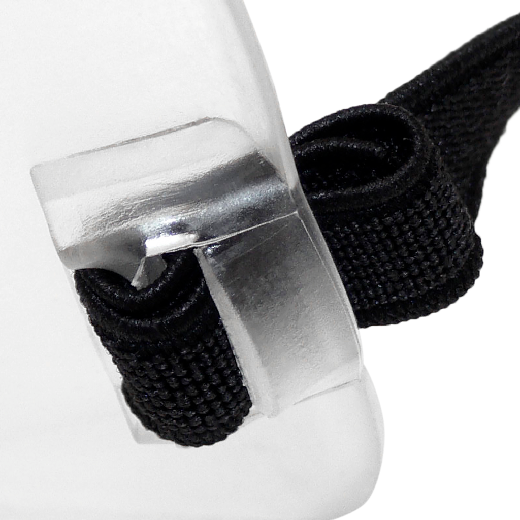 Close up image show the attachment of the elastic band to the JORESTECH goggle