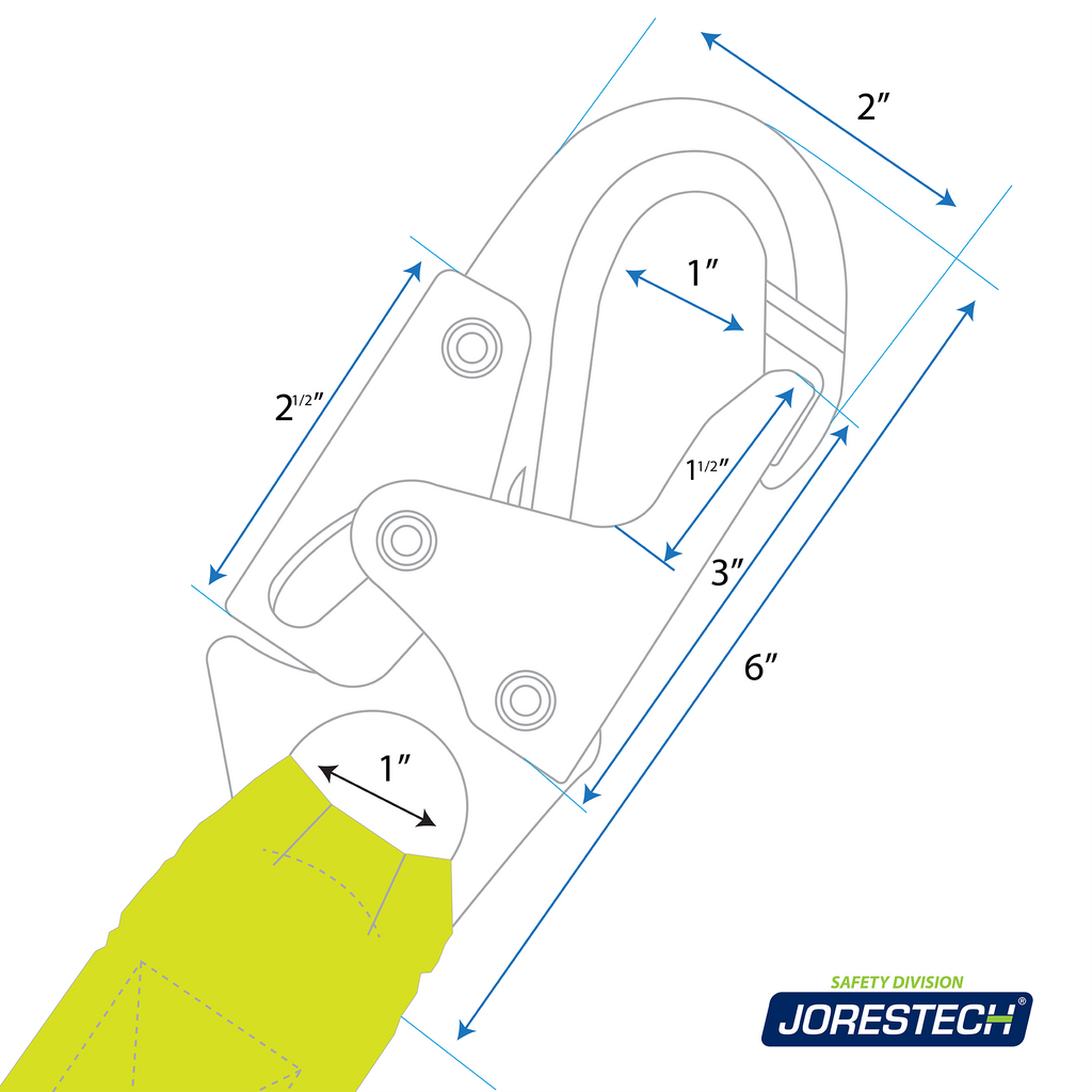 Diagram showing different measurements of the snap hook of the single leg internal shock absorbing lanyard