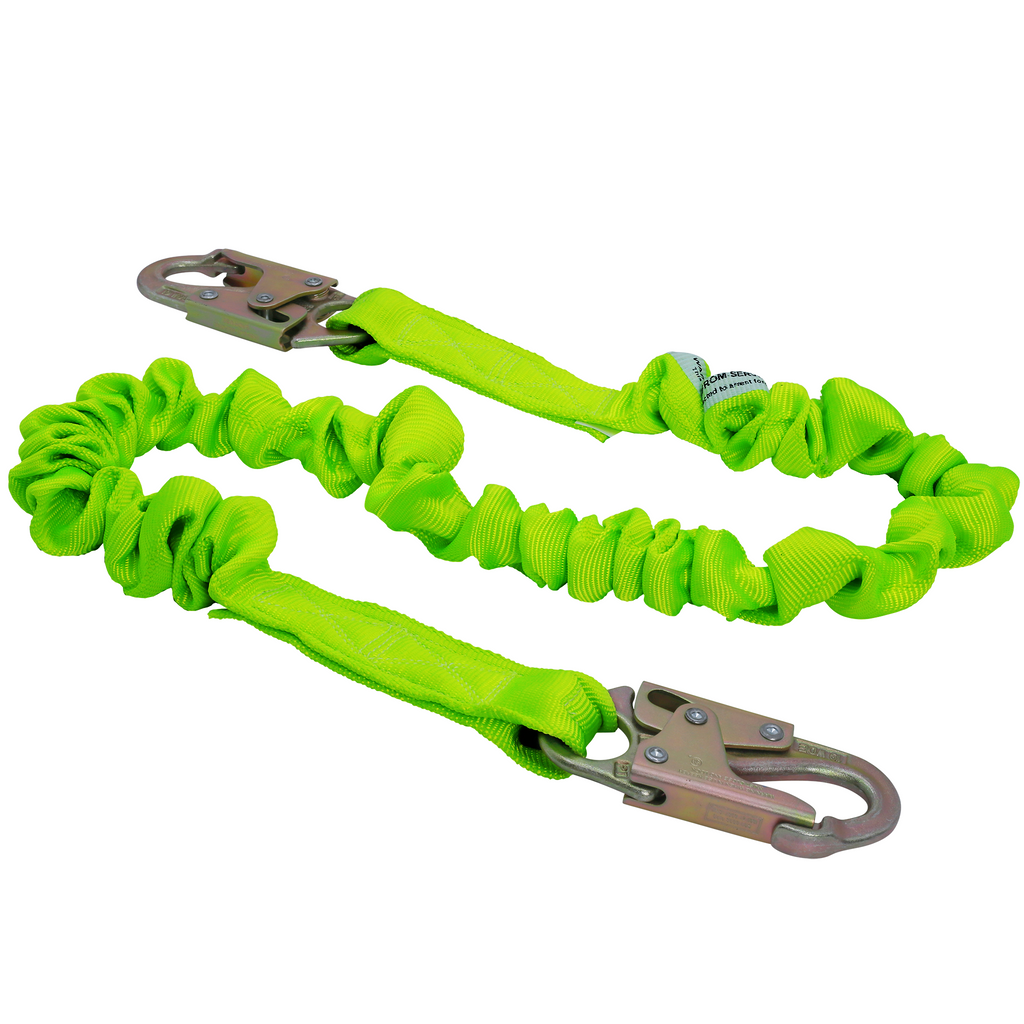 A lime single leg internal shock absorbing lanyard with snap hooks