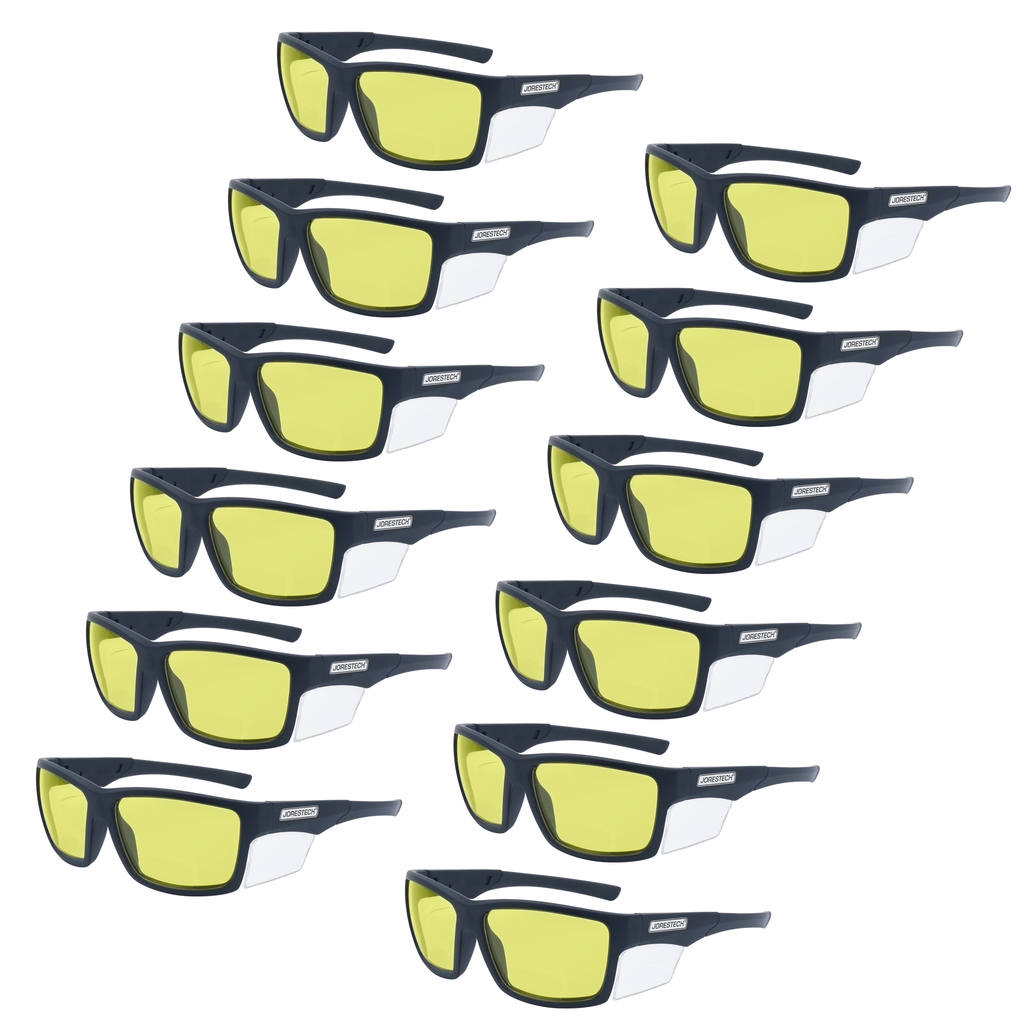 Image shows 12 pairs of yellow JORESTECH safety glasses with transparent side shield for high impact protection. These safety glasses are ANSI compliant and have black frame and yellow polycarbonate lenses. The background of the image is white