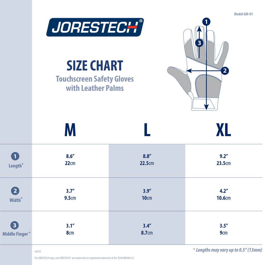 Size Chart for the JORESTECH Touchscreen Safety Work Gloves with Leather Palms