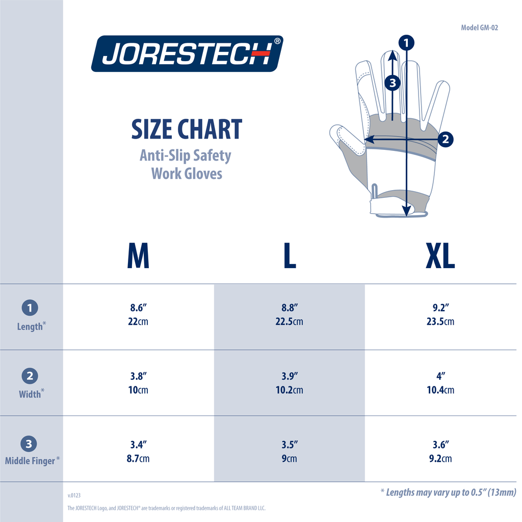 Size Chart for the JORESTECH Work Gloves with Anti-Slip Silicone Dotted Palms