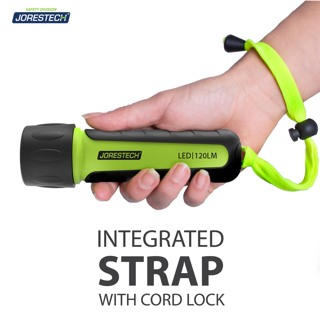 The hand of a person holding the weatherproof flashlight with the strap around the wrist. Text reads: integrated strap with cord lock.